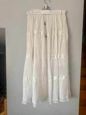 Unique Vintage White Ribbon Lace Maxi Skirt - Boho Cottagecore